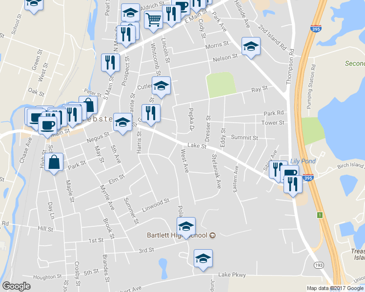 map of restaurants, bars, coffee shops, grocery stores, and more near 80 Lake Street in Webster