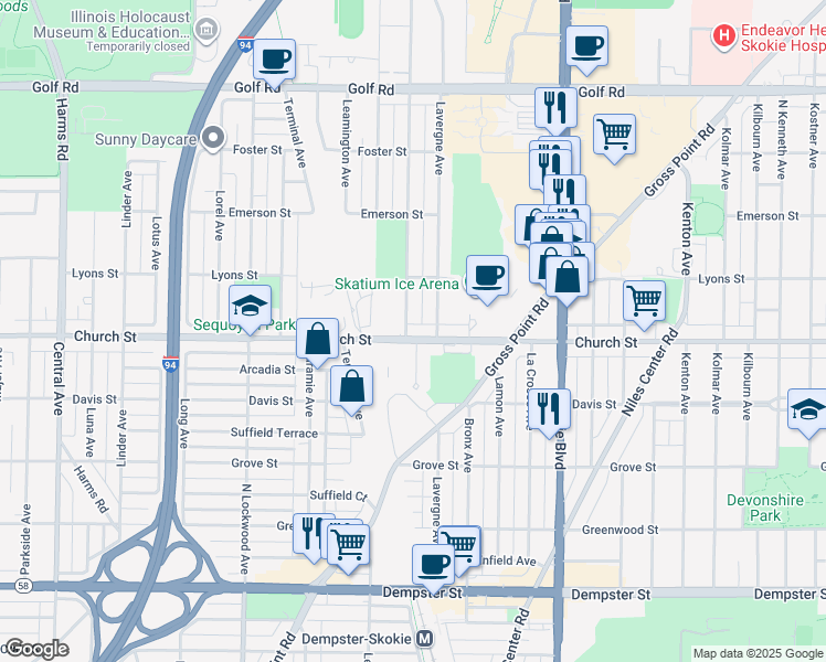 map of restaurants, bars, coffee shops, grocery stores, and more near 5029 Church Street in Skokie