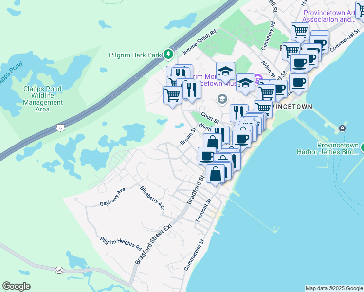 map of restaurants, bars, coffee shops, grocery stores, and more near 49A Pleasant Street in Provincetown