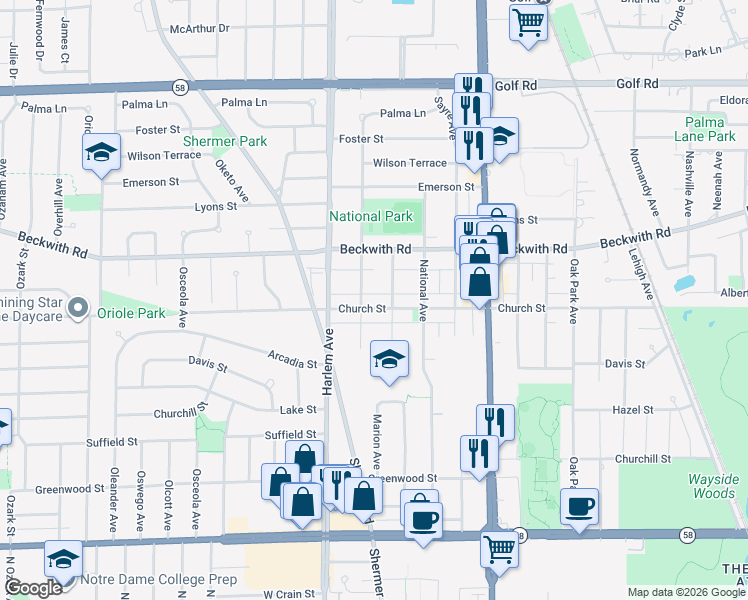 map of restaurants, bars, coffee shops, grocery stores, and more near 7105 Church Street in Morton Grove