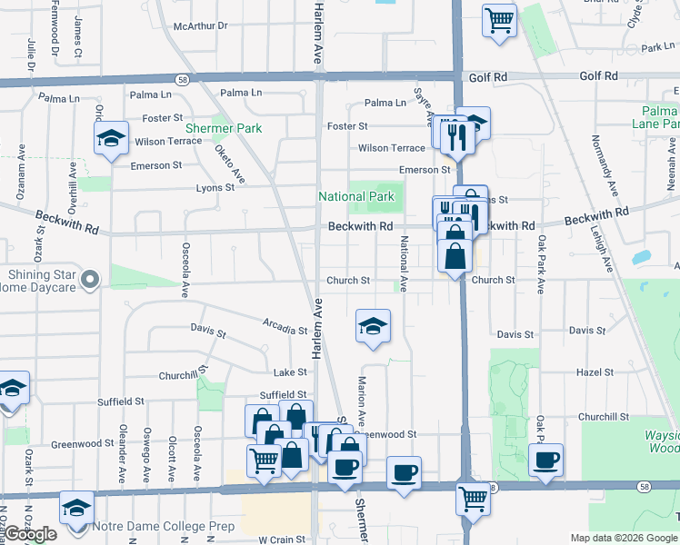 map of restaurants, bars, coffee shops, grocery stores, and more near 7149 Church Street in Morton Grove