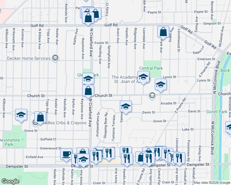 map of restaurants, bars, coffee shops, grocery stores, and more near 3838 White Cloud Drive in Skokie