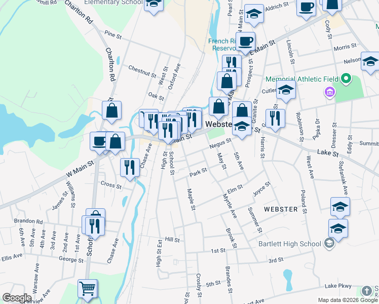 map of restaurants, bars, coffee shops, grocery stores, and more near 3 Negus Street in Webster