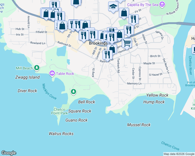 map of restaurants, bars, coffee shops, grocery stores, and more near 201 Wharf Street in Brookings