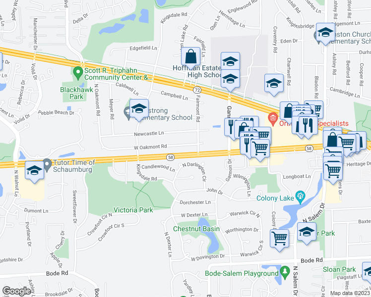 map of restaurants, bars, coffee shops, grocery stores, and more near 1273 West Oakmont Road in Hoffman Estates