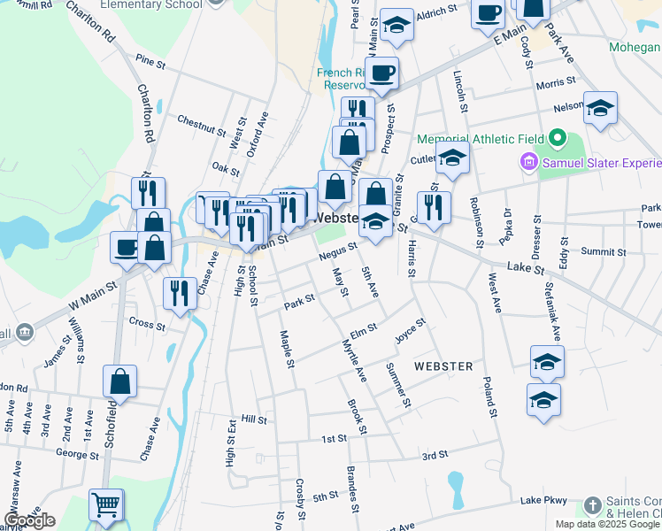 map of restaurants, bars, coffee shops, grocery stores, and more near 11 May Street in Webster