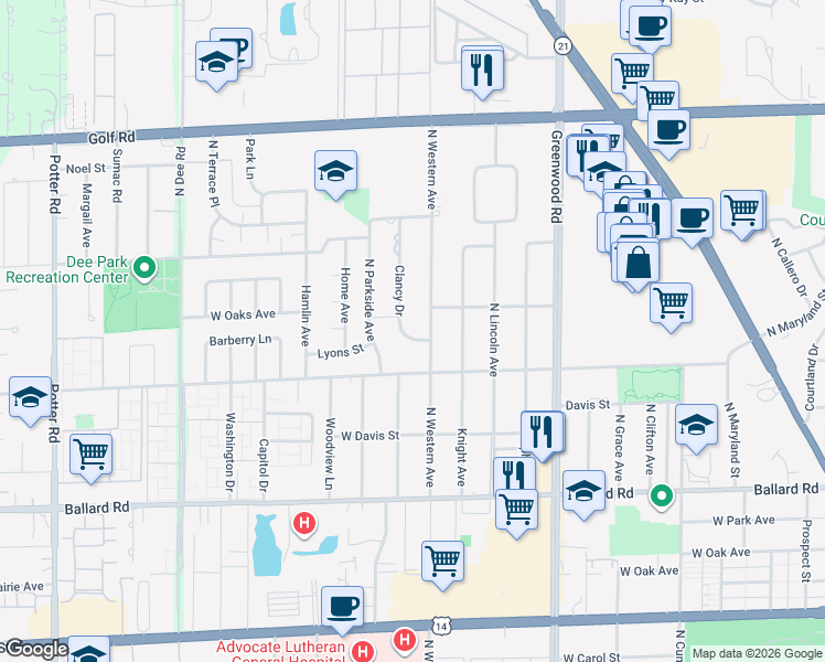 map of restaurants, bars, coffee shops, grocery stores, and more near 9242 Clancy Drive in Des Plaines
