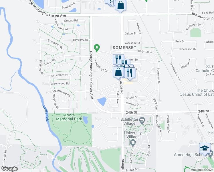 map of restaurants, bars, coffee shops, grocery stores, and more near 2805 Northridge Parkway in Ames