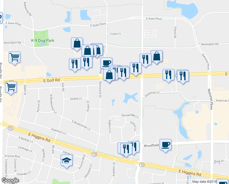 map of restaurants, bars, coffee shops, grocery stores, and more near 1100 North Plum Grove Road in Schaumburg