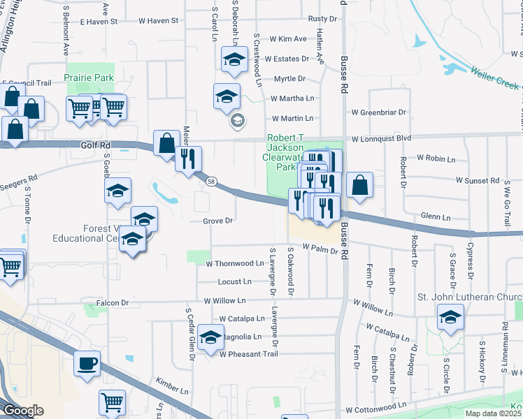 map of restaurants, bars, coffee shops, grocery stores, and more near 1821 West Golf Road in Mount Prospect