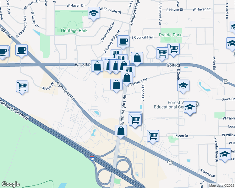 map of restaurants, bars, coffee shops, grocery stores, and more near 2035 South Arlington Heights Road in Arlington Heights