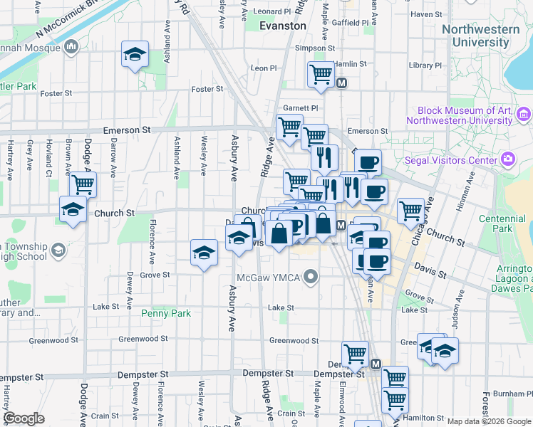 map of restaurants, bars, coffee shops, grocery stores, and more near 1621 Ridge Avenue in Evanston