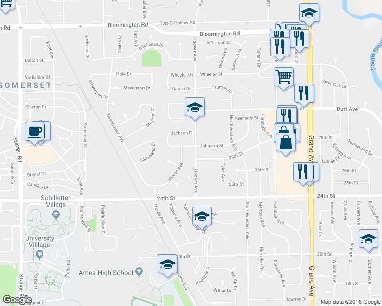 map of restaurants, bars, coffee shops, grocery stores, and more near 2715 Hoover Avenue in Ames