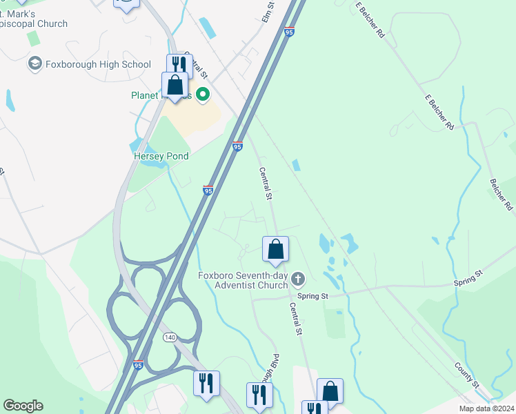 map of restaurants, bars, coffee shops, grocery stores, and more near 400 Foxborough Boulevard in Foxborough