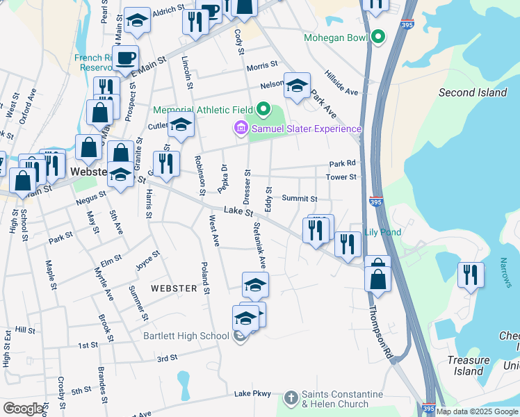 map of restaurants, bars, coffee shops, grocery stores, and more near 105 Lake Street in Webster
