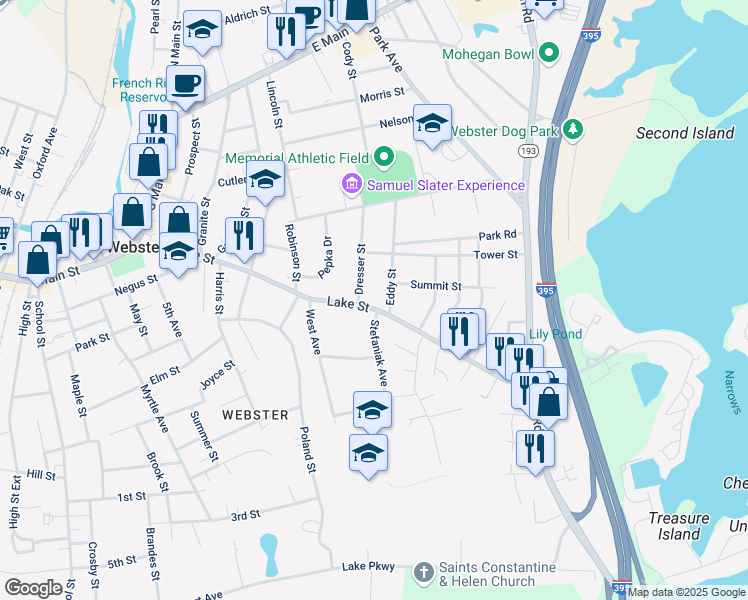 map of restaurants, bars, coffee shops, grocery stores, and more near 105 Lake Street in Webster