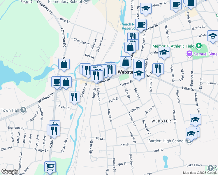 map of restaurants, bars, coffee shops, grocery stores, and more near in Webster