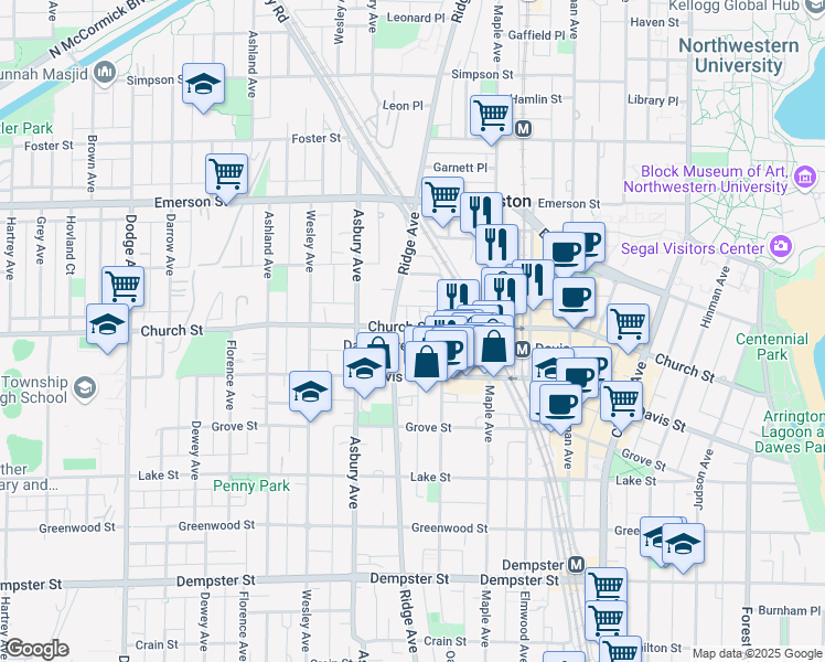 map of restaurants, bars, coffee shops, grocery stores, and more near 1621 Ridge Avenue in Evanston