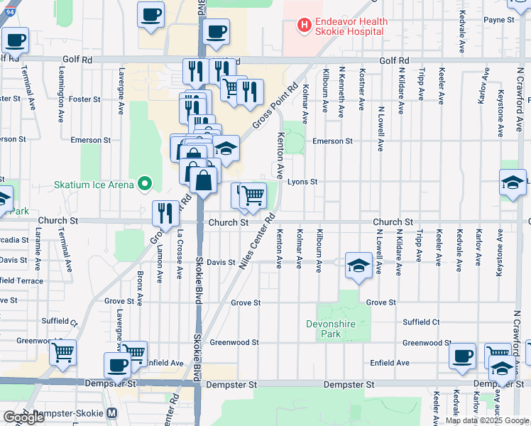 map of restaurants, bars, coffee shops, grocery stores, and more near in Skokie
