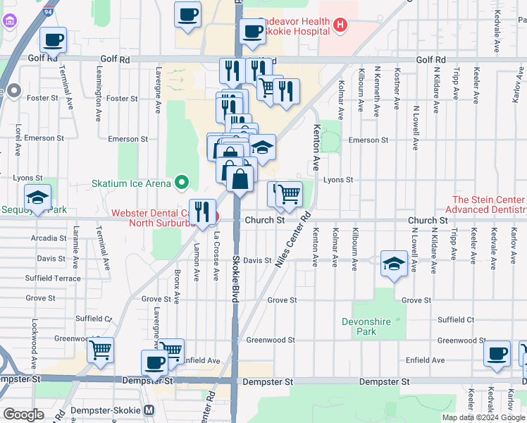 map of restaurants, bars, coffee shops, grocery stores, and more near in Skokie