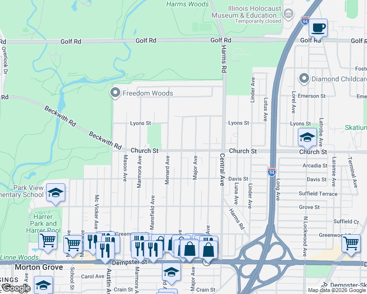 map of restaurants, bars, coffee shops, grocery stores, and more near 5711 Church Street in Morton Grove