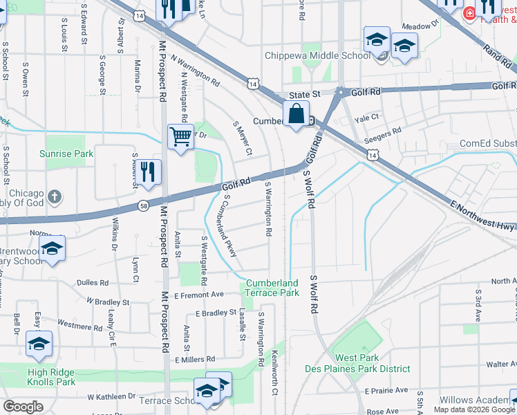 map of restaurants, bars, coffee shops, grocery stores, and more near 288 South Warrington Road in Des Plaines