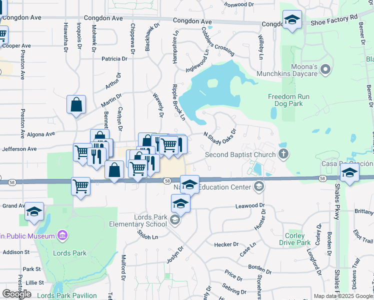 map of restaurants, bars, coffee shops, grocery stores, and more near 1065 Woodhill Court in Elgin