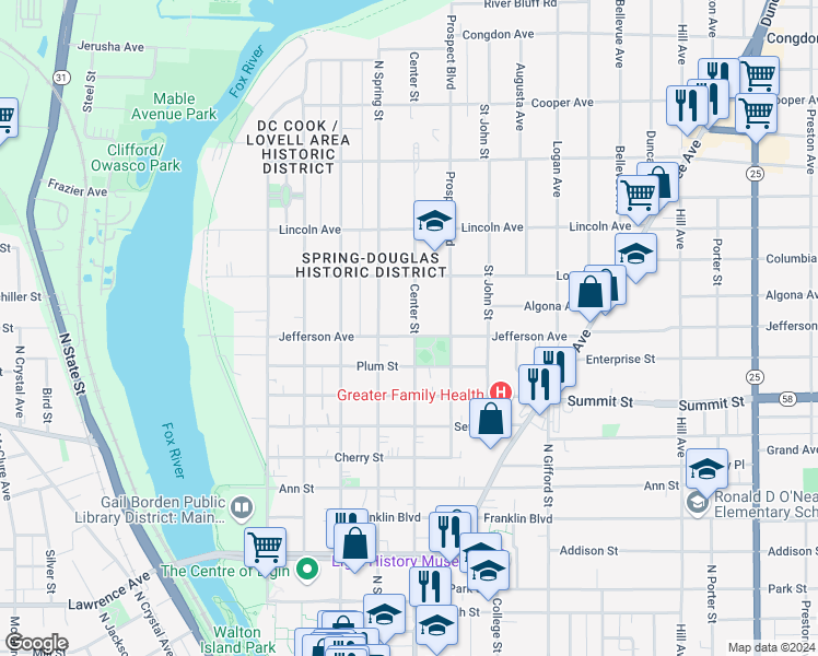 map of restaurants, bars, coffee shops, grocery stores, and more near 570 Center Street in Elgin