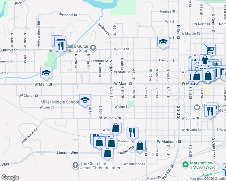 map of restaurants, bars, coffee shops, grocery stores, and more near 805 West Church Street in Marshalltown