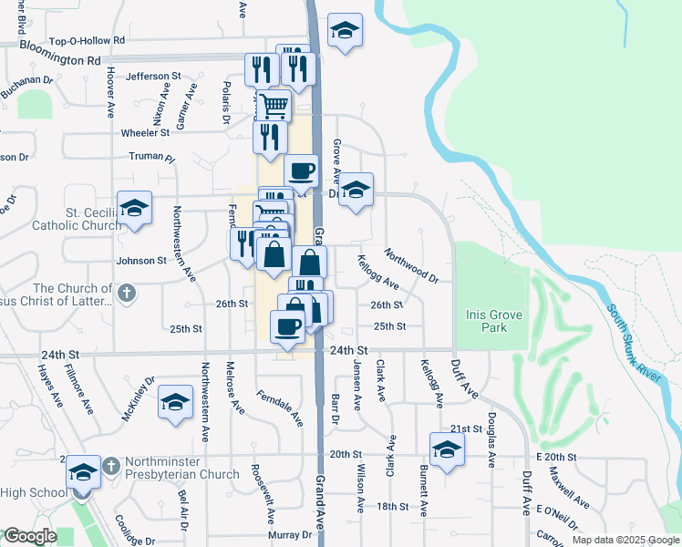 map of restaurants, bars, coffee shops, grocery stores, and more near 615 Luther Drive in Ames