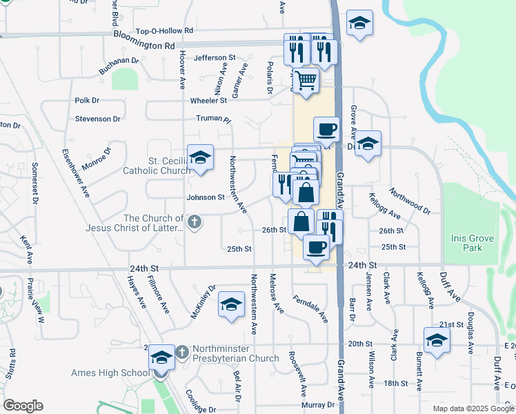 map of restaurants, bars, coffee shops, grocery stores, and more near 2614 Northwestern Avenue in Ames
