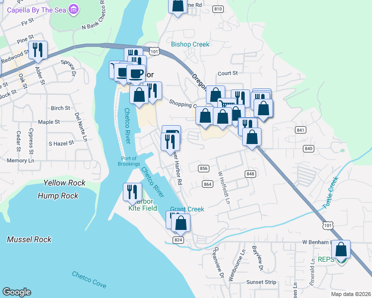 map of restaurants, bars, coffee shops, grocery stores, and more near 16219 Lower Harbor Road in Brookings