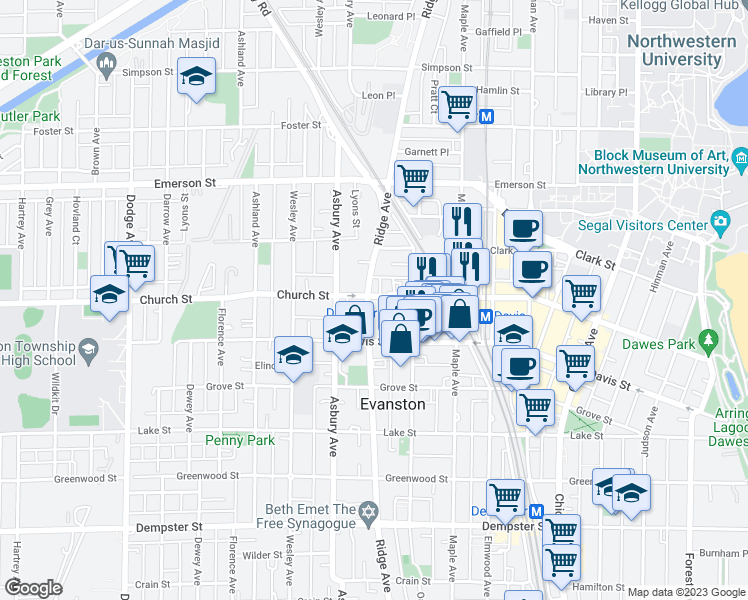 map of restaurants, bars, coffee shops, grocery stores, and more near 1136 Church Street in Evanston