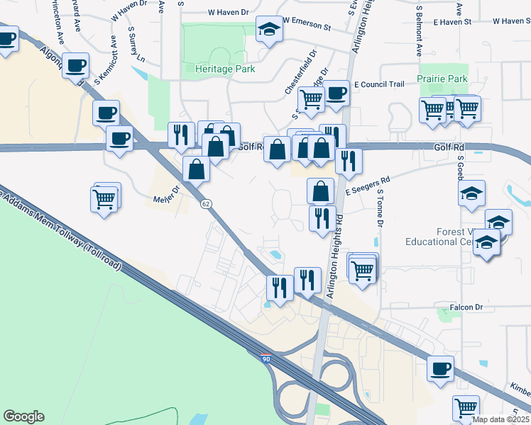 map of restaurants, bars, coffee shops, grocery stores, and more near 77 West Seegers Road in Arlington Heights