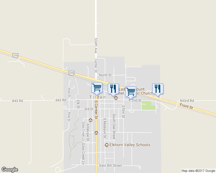 map of restaurants, bars, coffee shops, grocery stores, and more near 225 Front Street in Tilden
