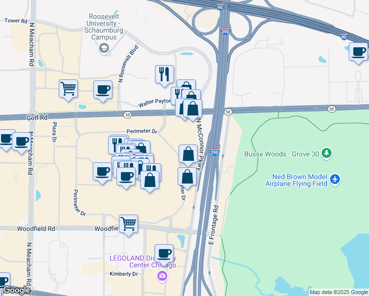 map of restaurants, bars, coffee shops, grocery stores, and more near Perimeter Drive in Schaumburg