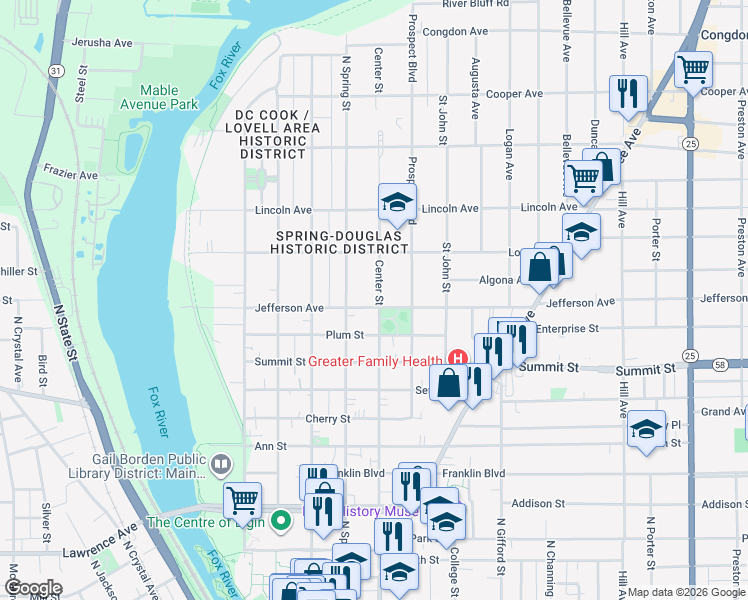 map of restaurants, bars, coffee shops, grocery stores, and more near 570 Center Street in Elgin