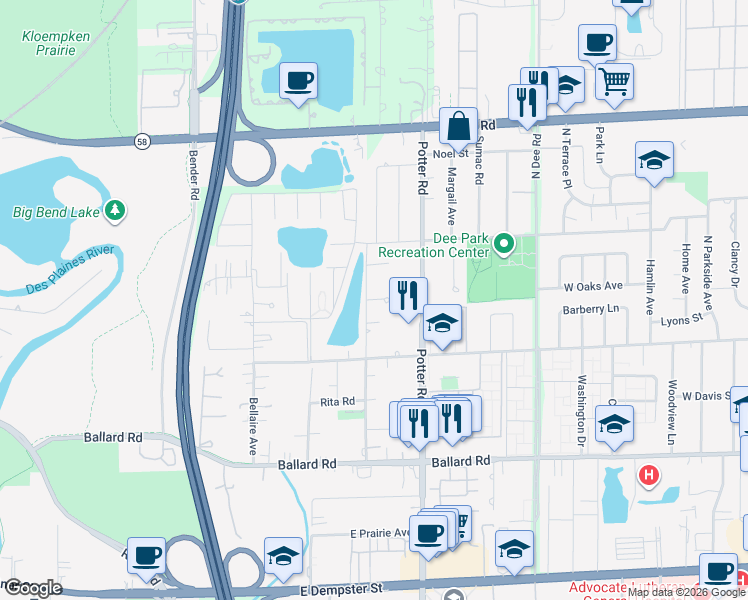 map of restaurants, bars, coffee shops, grocery stores, and more near 287 Good Court in Des Plaines