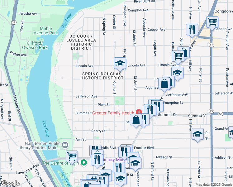 map of restaurants, bars, coffee shops, grocery stores, and more near 252 Jefferson Avenue in Elgin