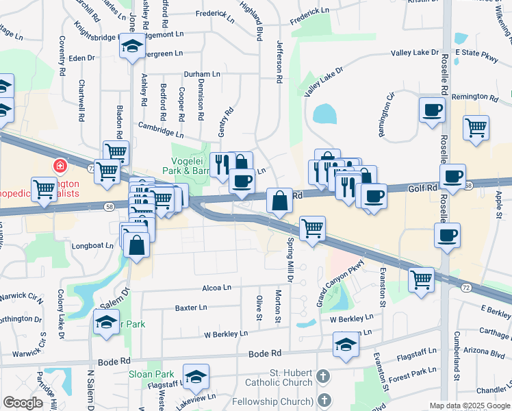 map of restaurants, bars, coffee shops, grocery stores, and more near 501 West Golf Road in Schaumburg