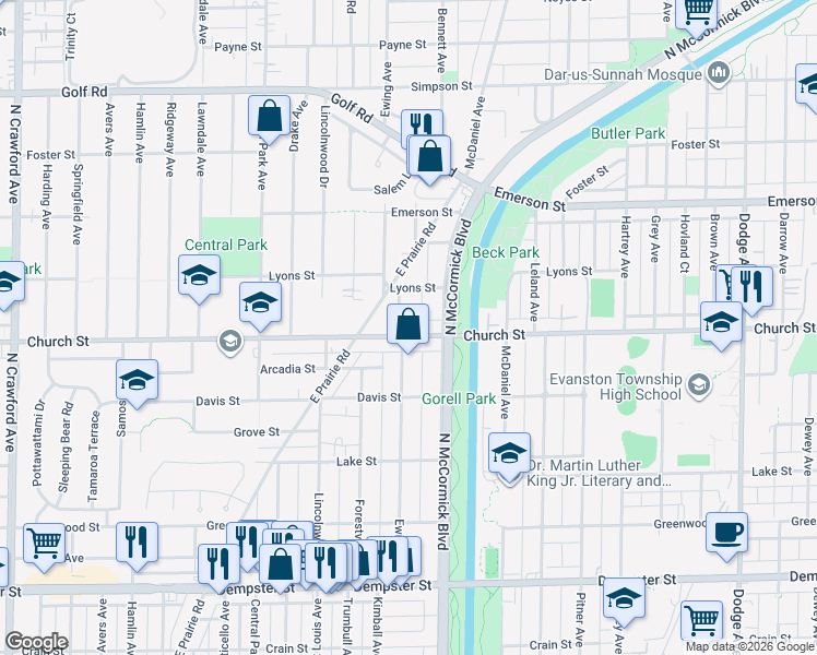 map of restaurants, bars, coffee shops, grocery stores, and more near 3341 Church Street in Evanston