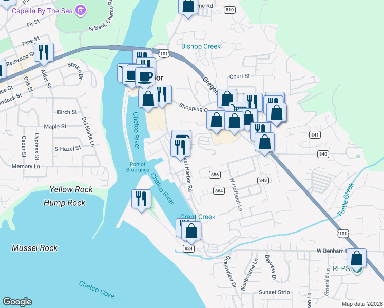 map of restaurants, bars, coffee shops, grocery stores, and more near 16220 Lower Harbor Road in Brookings
