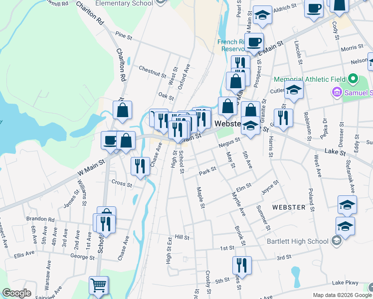 map of restaurants, bars, coffee shops, grocery stores, and more near 168 Main Street in Webster