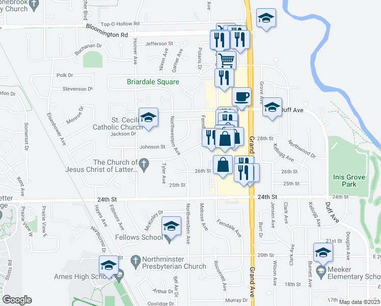 map of restaurants, bars, coffee shops, grocery stores, and more near 1116 28th Street in Ames