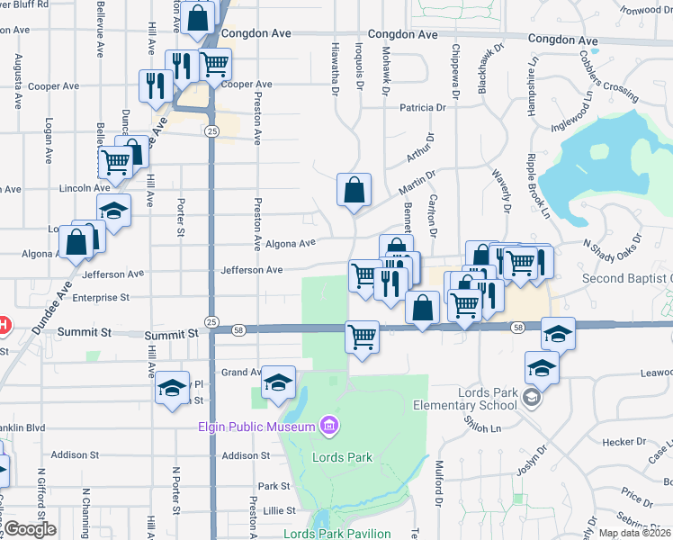 map of restaurants, bars, coffee shops, grocery stores, and more near 755 Jefferson Avenue in Elgin