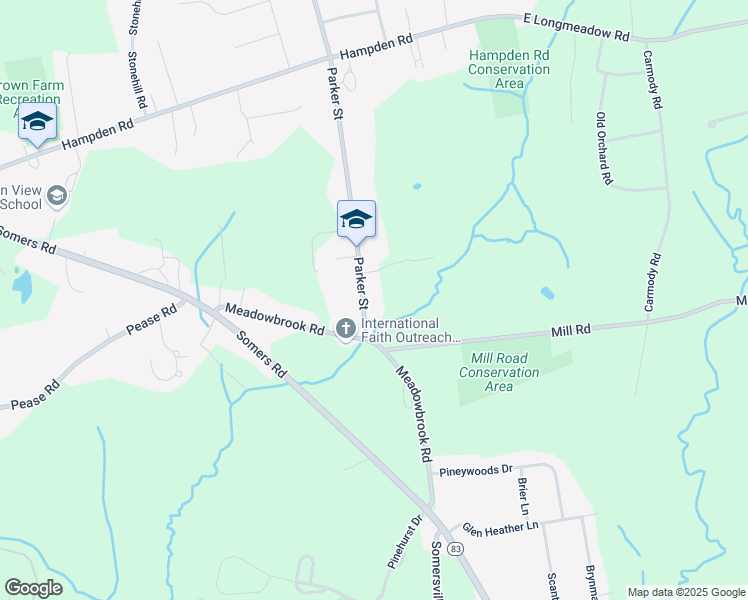 map of restaurants, bars, coffee shops, grocery stores, and more near 21 Parker Street in East Longmeadow