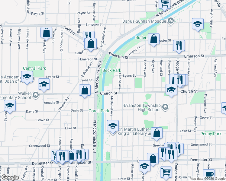 map of restaurants, bars, coffee shops, grocery stores, and more near 2424 Church Street in Evanston