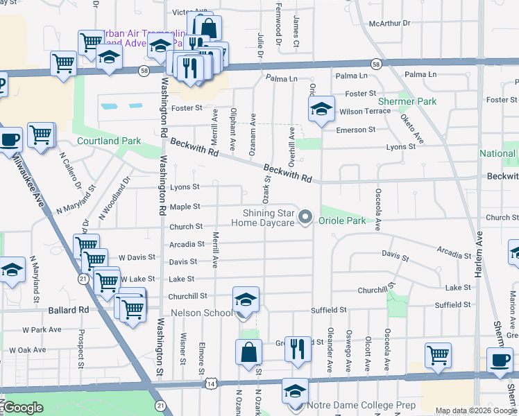 map of restaurants, bars, coffee shops, grocery stores, and more near 9207 Ozark Street in Morton Grove