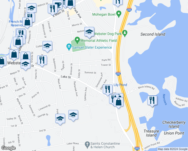 map of restaurants, bars, coffee shops, grocery stores, and more near 15 Everett Avenue in Webster
