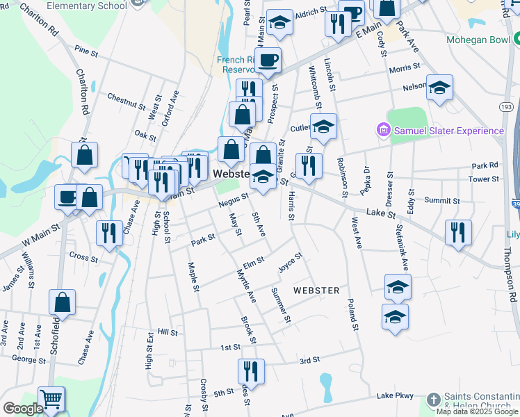 map of restaurants, bars, coffee shops, grocery stores, and more near 17 5th Avenue in Webster